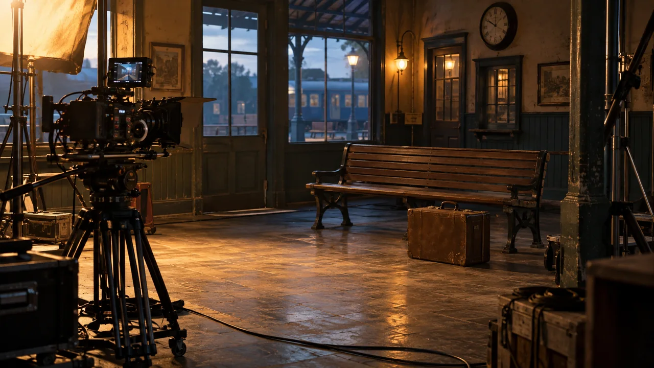 Caméra de cinéma orientée vers un décor de gare éclairé pour un tournage