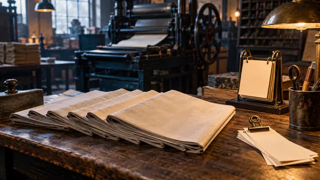 Feuillets de journal illustratifs dans un atelier d’impression, évocation de la publication en feuilleton