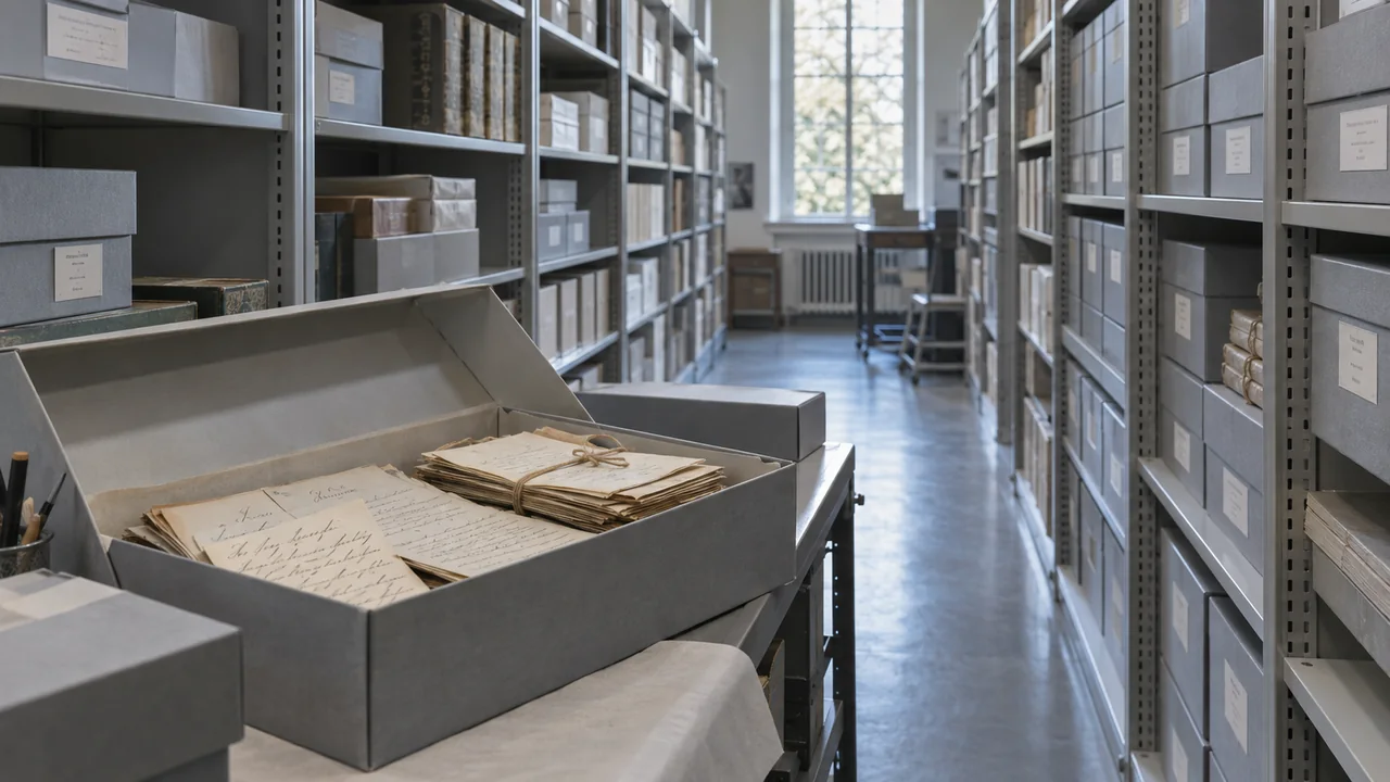 Boîtes d’archives et correspondances anciennes dans une salle de conservation