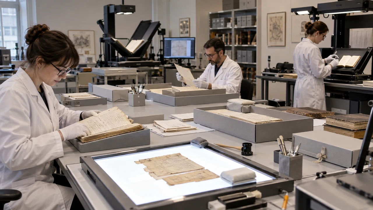 Archivistes étudiant et numérisant des manuscrits dans un atelier de conservation