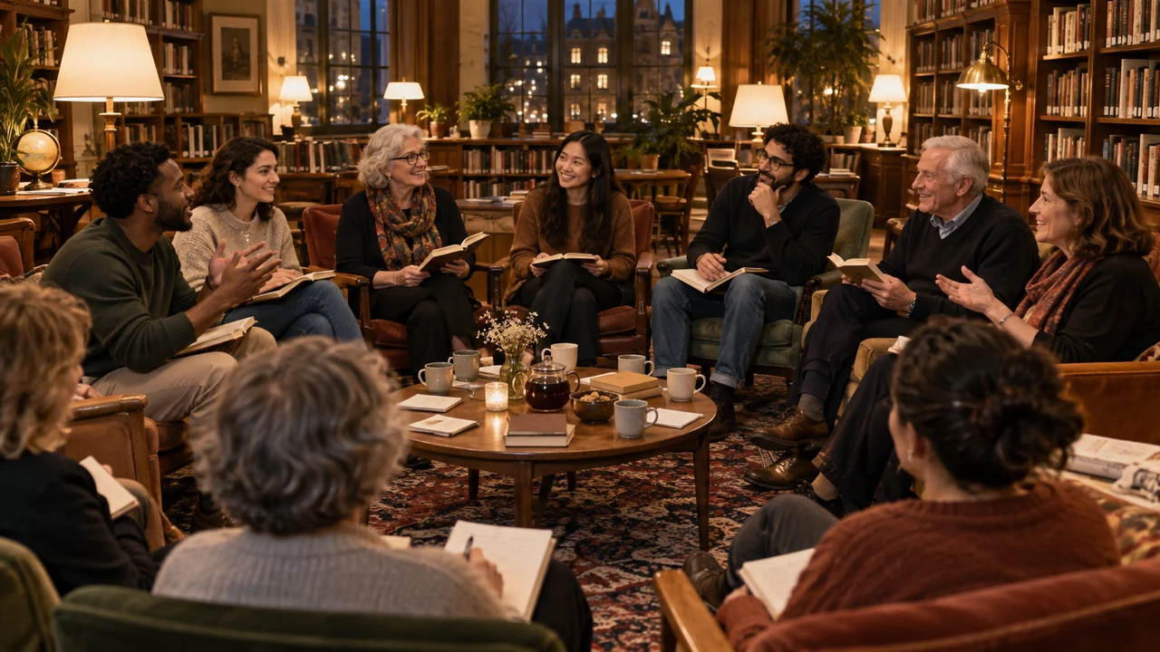 Club de lecture intergénérationnel réuni en soirée dans une bibliothèque