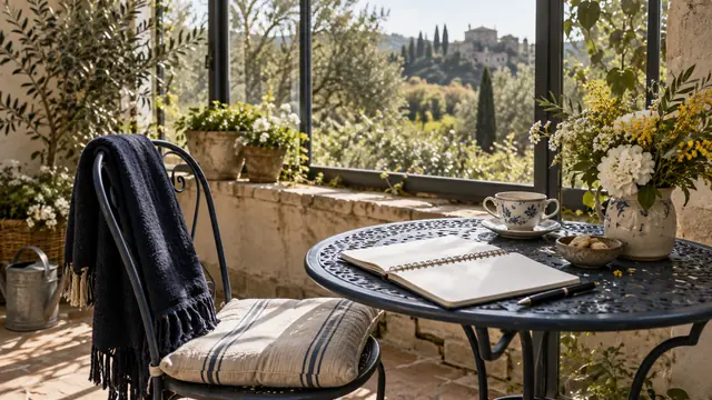 Carnet ouvert sur une table près d’un jardin, évocation de l’observation quotidienne