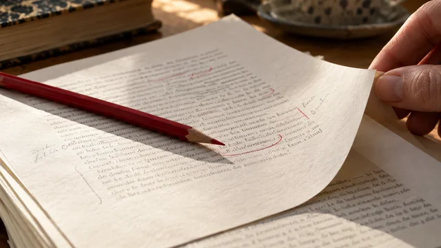 Gros plan d’épreuves imprimées portant des marques de correction au crayon