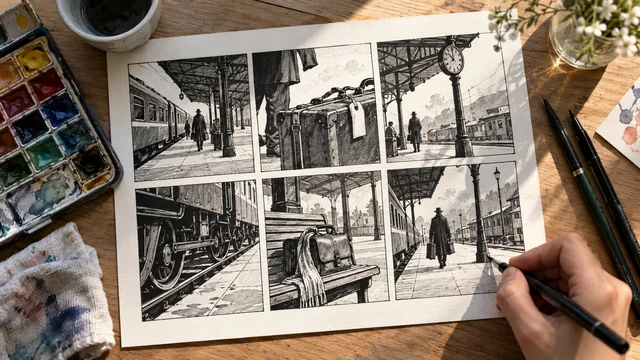 Planche de bande dessinée en cours d’encrage avec pinceaux et godets