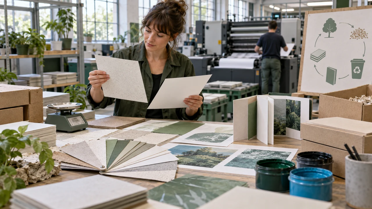 Technicienne comparant des papiers dans un atelier d’impression responsable