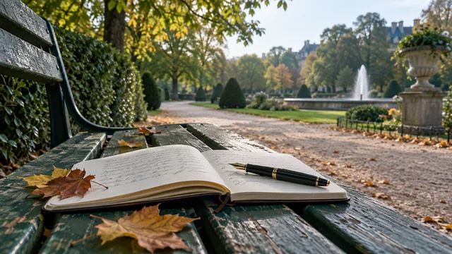 Carnet ouvert sur un banc au bord d’un jardin, avec un stylo et des feuilles