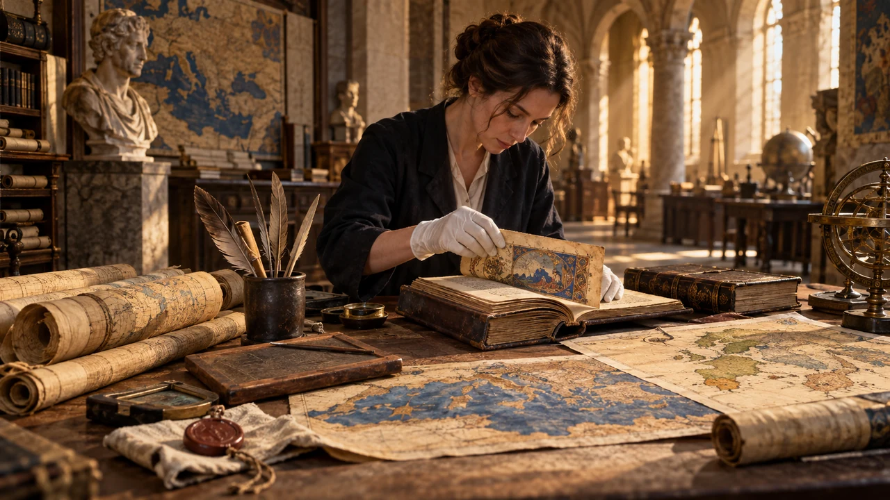 Conservatrice étudiant papyrus et manuscrits anciens dans une bibliothèque patrimoniale