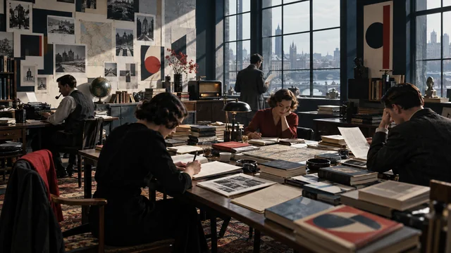 Atelier littéraire moderniste avec machines à écrire, livres et cartes