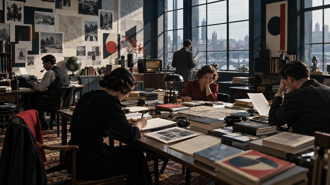 Atelier littéraire moderniste avec machines à écrire, livres et cartes