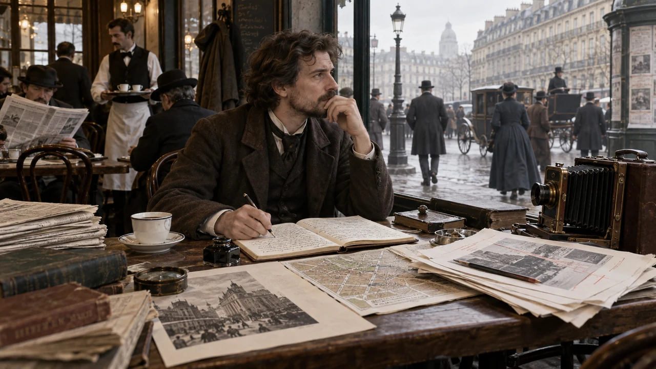 Écrivain observant une rue du dix-neuvième siècle depuis une table de café