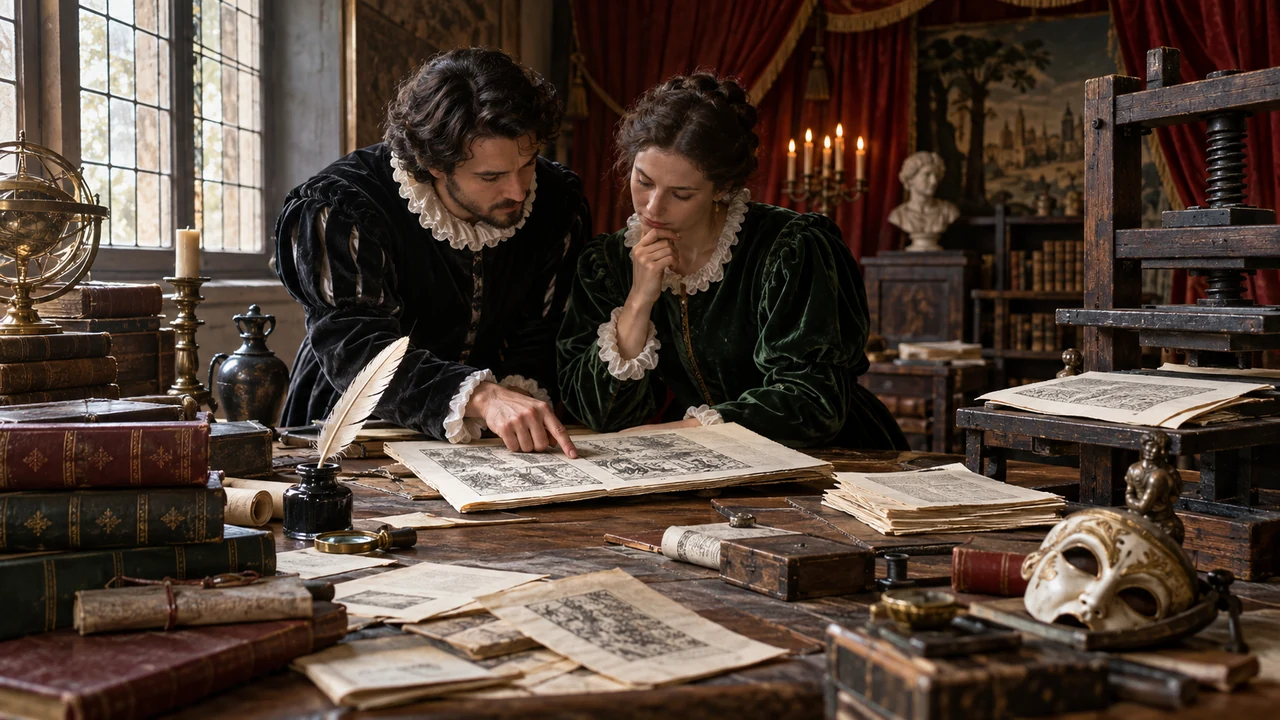 Chercheurs consultant des livres anciens près d’une presse et d’un théâtre