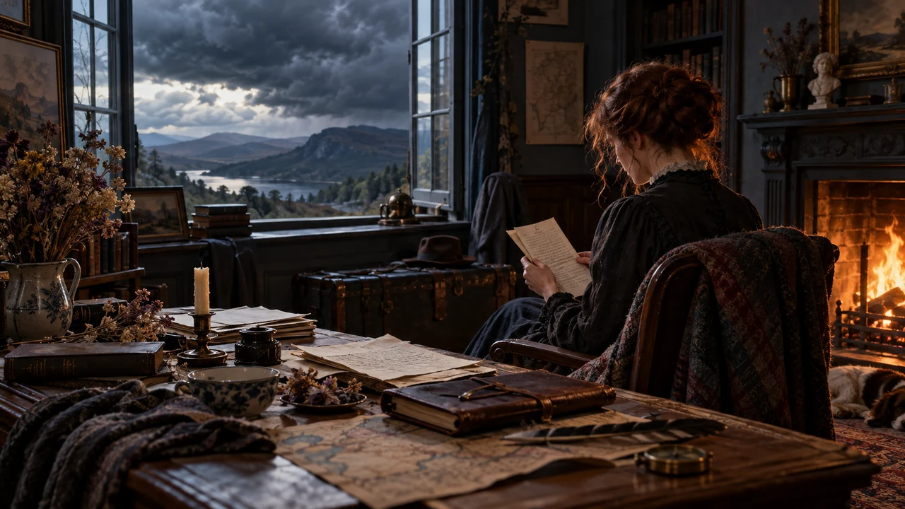 Autrice romantique relisant des feuillets devant un paysage d’orage