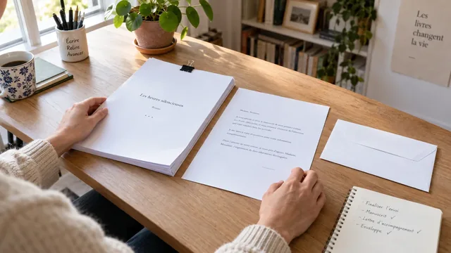 Préparation méthodique d’un manuscrit, d’une lettre et d’une enveloppe avant envoi