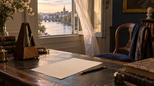 Métronome et feuille blanche sur un bureau, évocation du rythme de la phrase