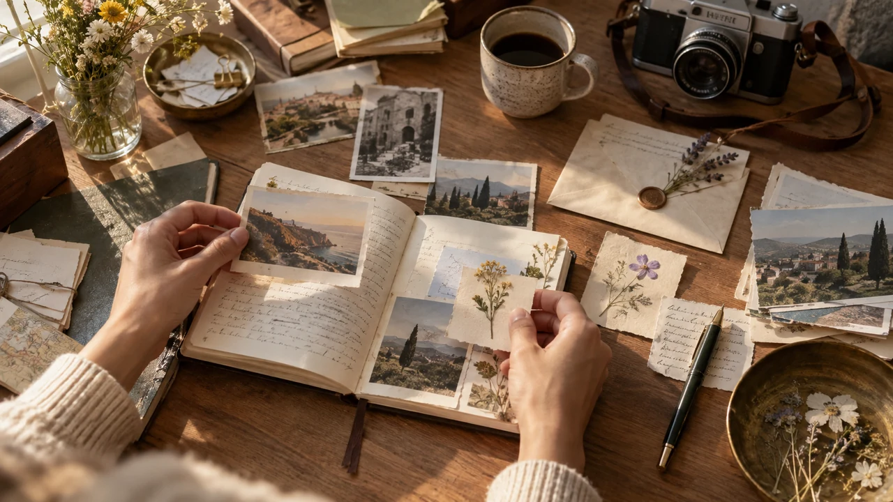 Mains classant lettres, photographies et fragments dans un journal