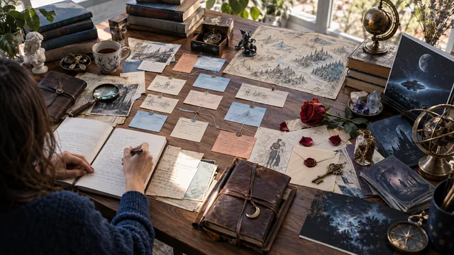 Autrice organisant sur une table des indices visuels liés à plusieurs genres littéraires