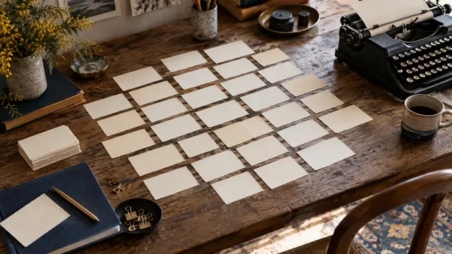 Fiches vierges disposées en grille sur une table de travail littéraire, illustration du principe de contrainte