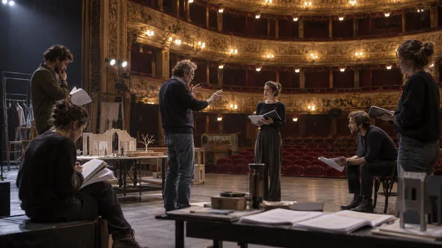 Compagnie répétant une pièce dans un théâtre à l’italienne