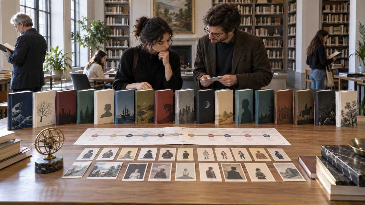 Lecteurs comparant des romans, des personnages et des chronologies sur une grande table