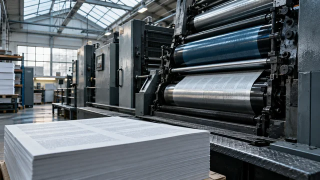Feuilles imprimées et rouleaux dans un atelier d’imprimerie