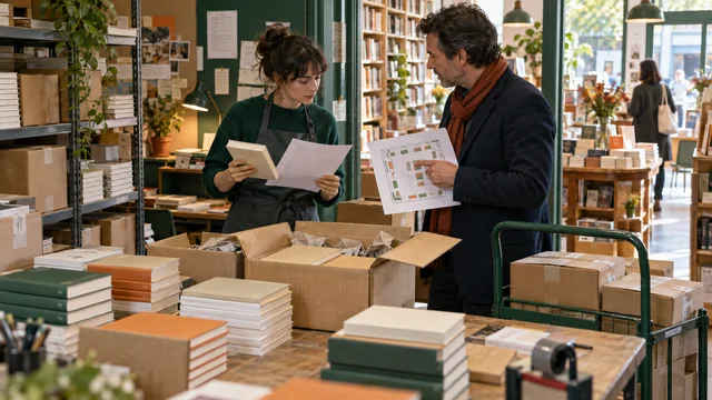 Libraire et représentant contrôlant une livraison de livres