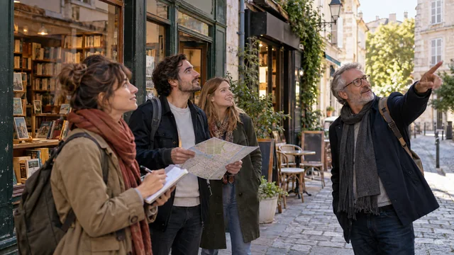Groupe suivant un parcours littéraire devant une librairie et un café