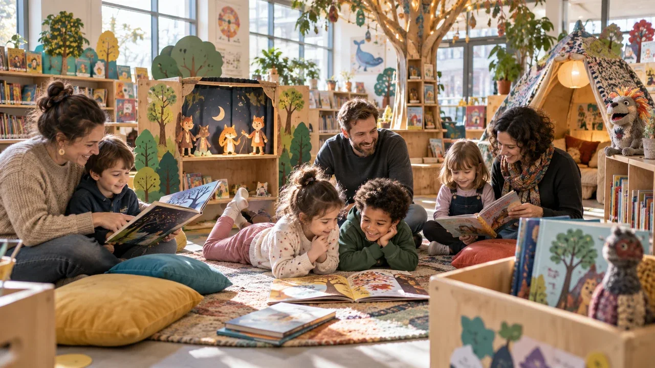 Enfants et adultes lisant dans une médiathèque jeunesse colorée