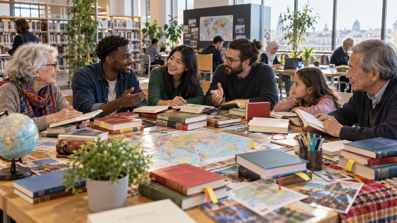 Lecteurs réunis autour de livres traduits et de cartes du monde