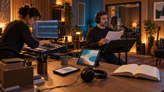 Ingénieure du son et comédien préparant un livre audio dans un studio