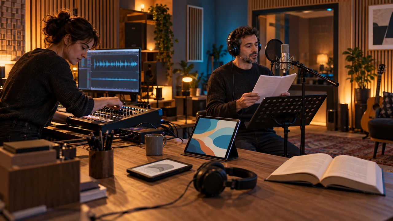 Ingénieure du son et comédien préparant un livre audio dans un studio
