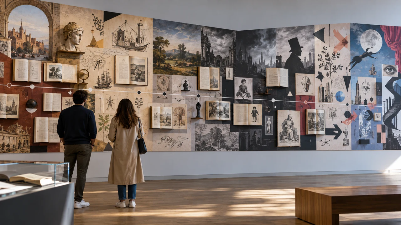 Visiteurs devant une frise muséale consacrée aux mouvements littéraires