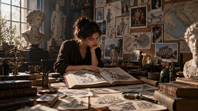 Chercheuse reliant des cartes et des motifs dans un atelier consacré aux mythes