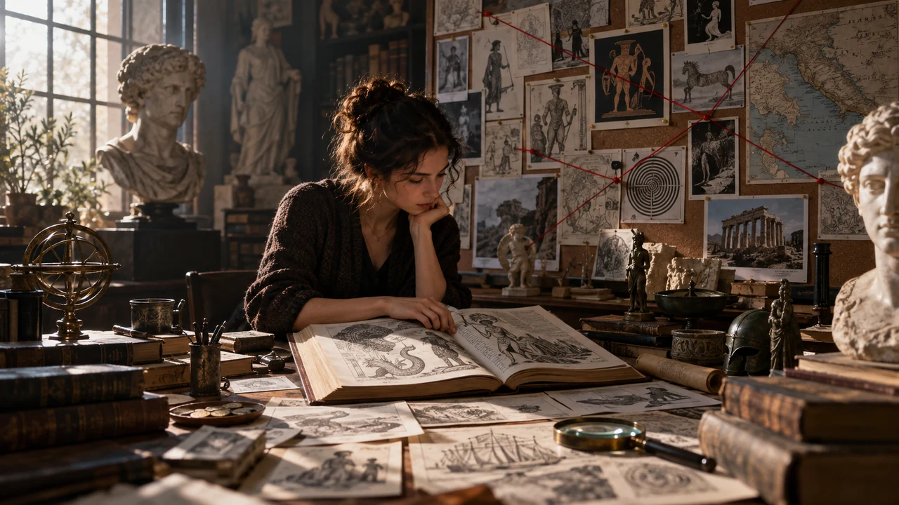 Chercheuse reliant des cartes et des motifs dans un atelier consacré aux mythes