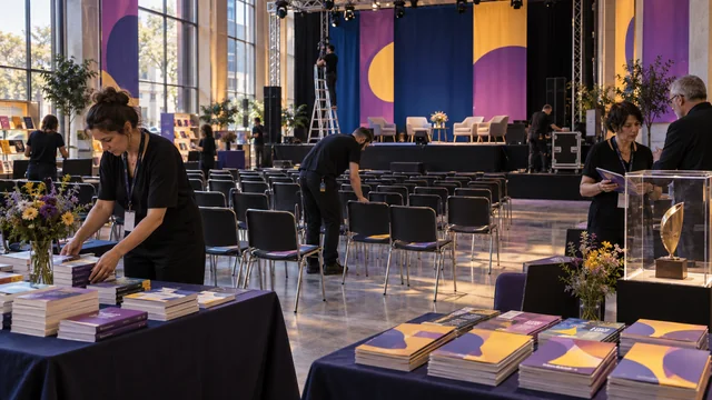 Équipe préparant une scène et des tables avant un salon du livre