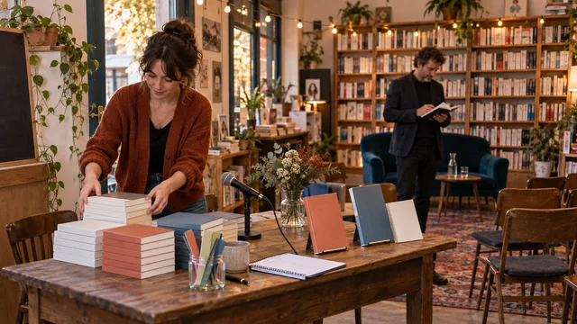 Libraire préparant une table et un microphone avant une rencontre littéraire