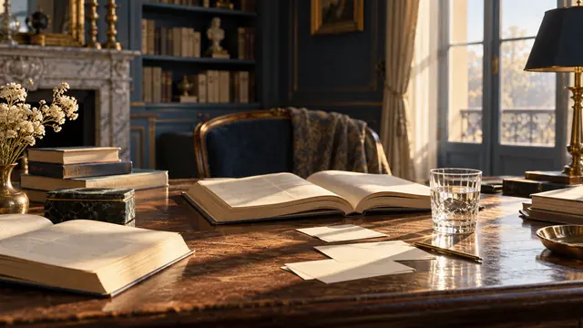 Livres ouverts et fiches vierges sur une table de lecture