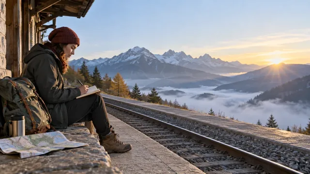 Autrice prenant des notes de voyage devant un paysage de montagne