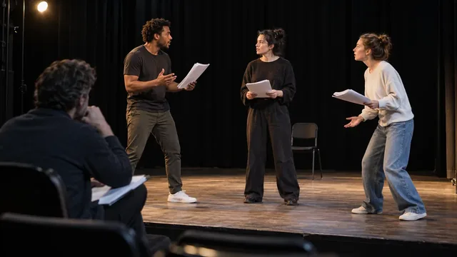 Comédiens répétant une pièce à partir de leurs exemplaires du texte