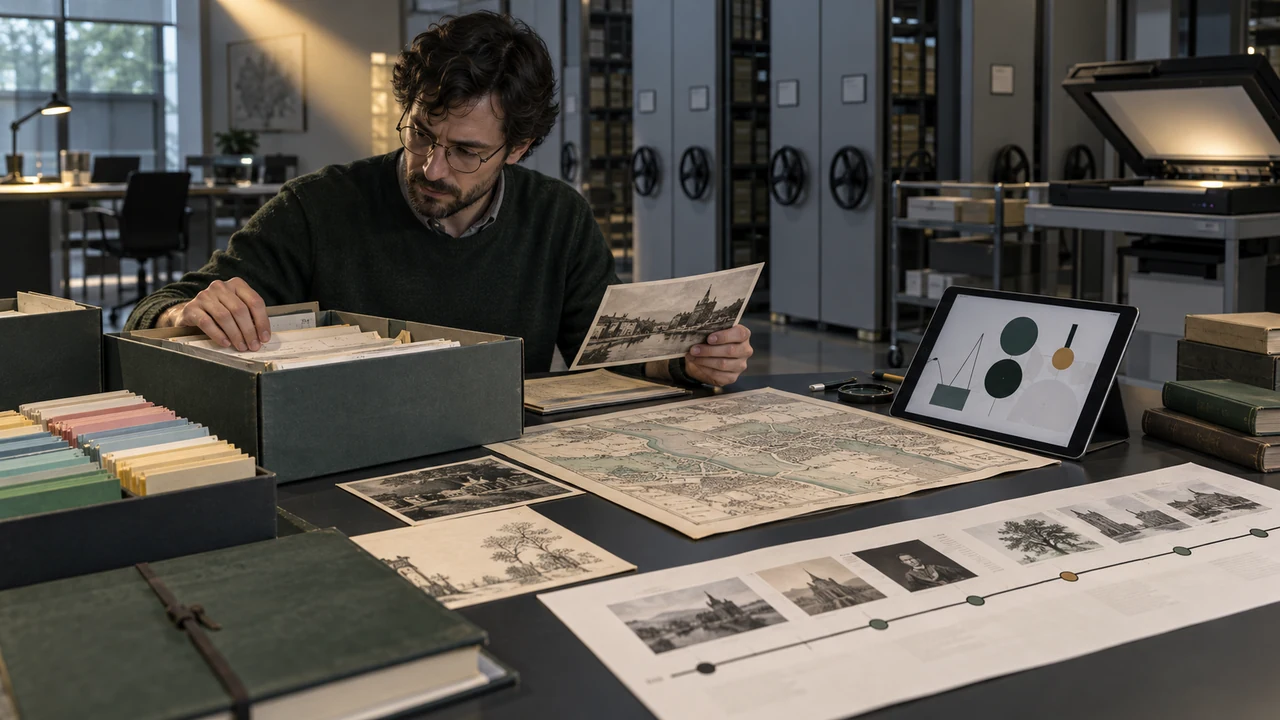 Chercheur comparant des archives, une carte et une frise chronologique