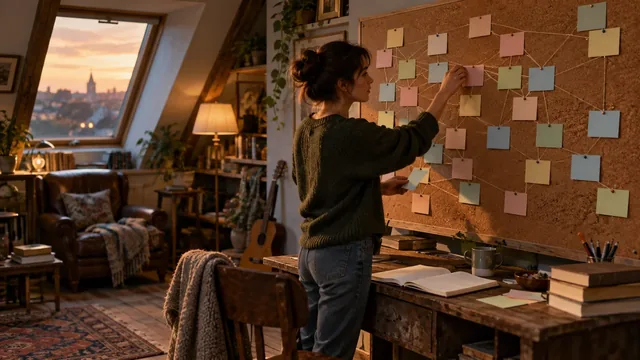 Autrice organisant les scènes d’un récit sur un tableau