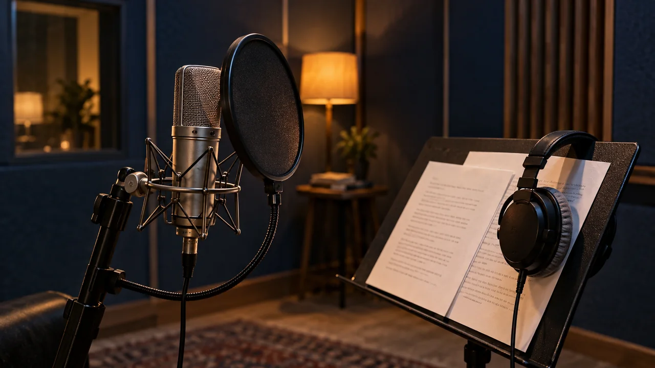 Microphone, filtre anti-pop et casque dans une cabine d’enregistrement