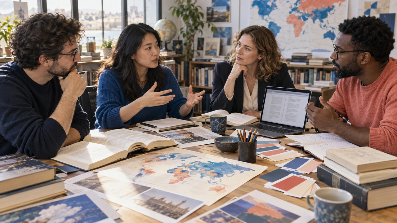 Traducteurs et éditrice comparant plusieurs versions autour d’une table