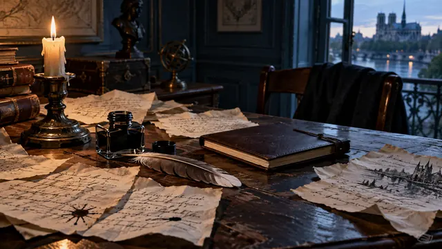 Feuillets illustratifs épars sur un bureau ancien, évocation du travail par fragments