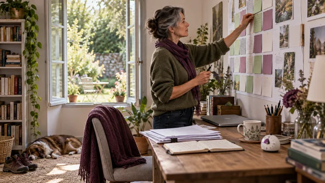 Autrice organisant son calendrier de travail dans un atelier lumineux