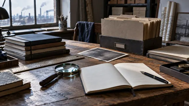 Dossiers et documents de recherche illustratifs disposés sur un bureau